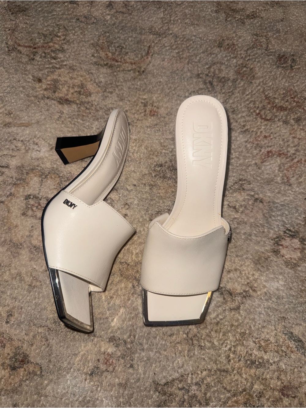 DKNY Cream Square-Toe Slide Mules with Metallic Trim
